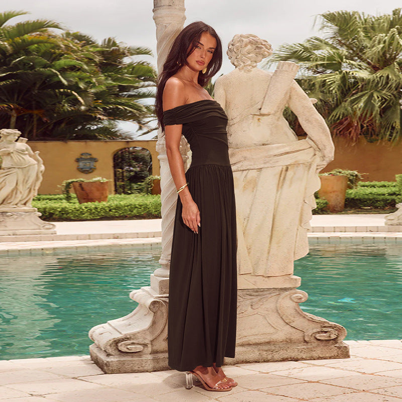 Damen Maxi-Kleid mit schulterfreiem Design und eleganten Drapierungen Drune