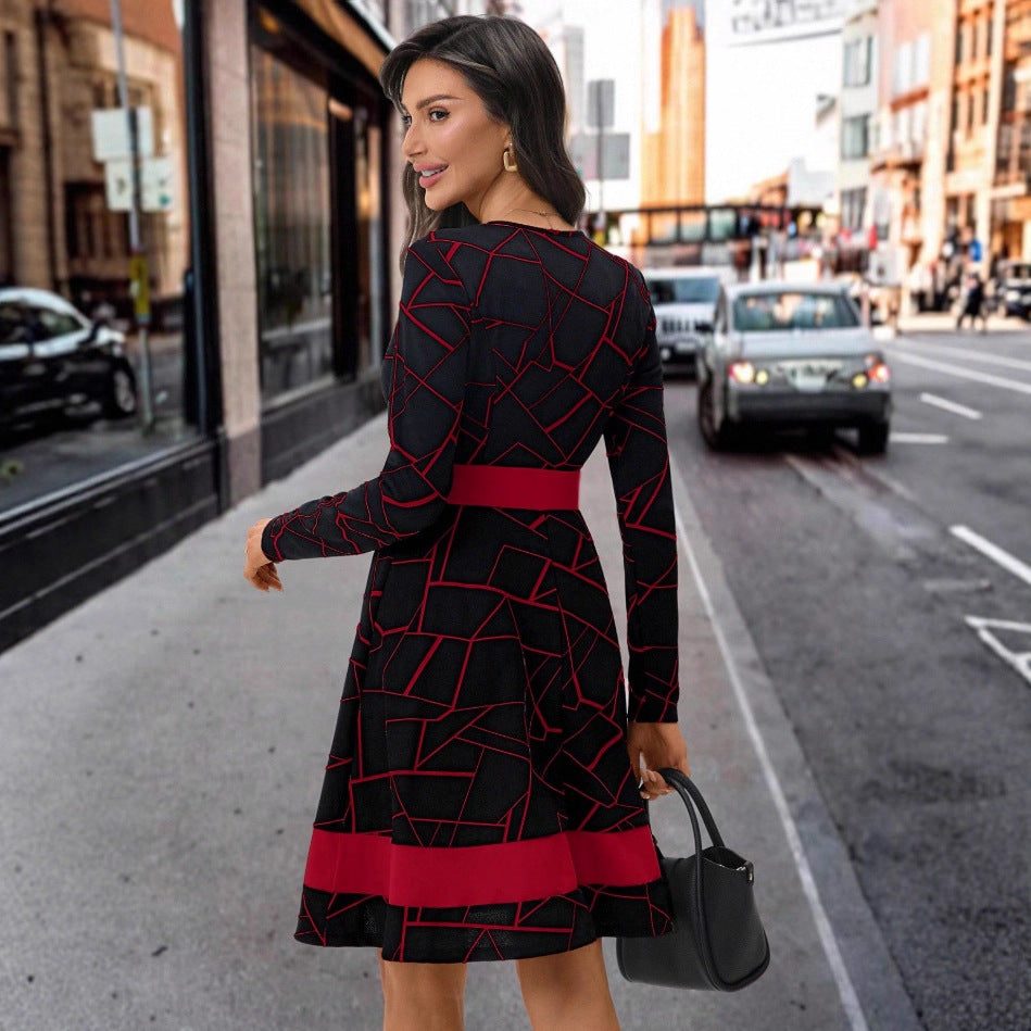 Damen A-Linien Kleid mit geometrischem Muster und tailliertem Schnitt Drune