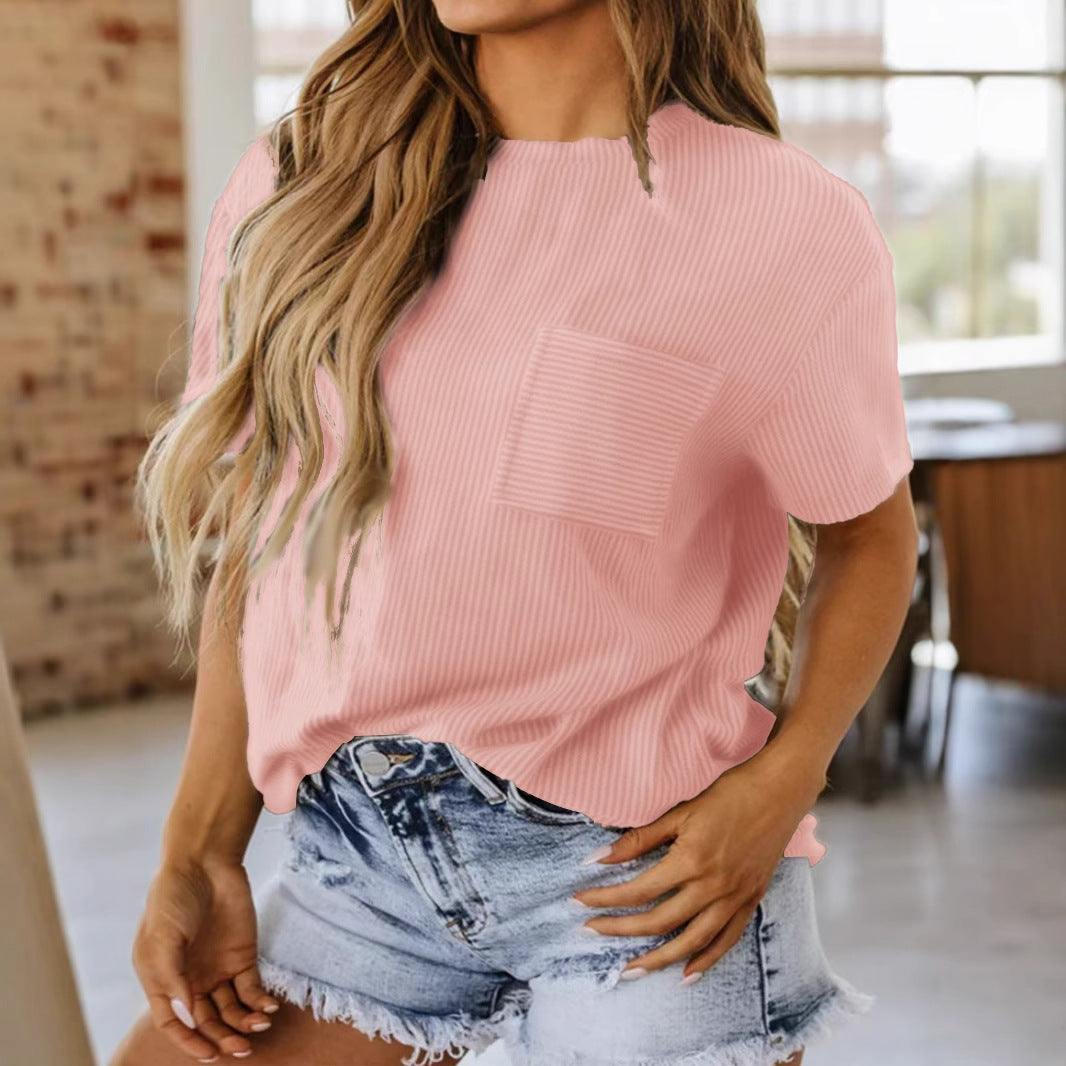 Damen lässiges Kurzarmshirt mit strukturierter Oberfläche und praktischem Brusttaschen Drune