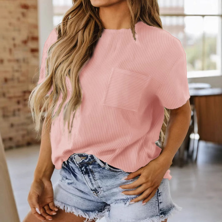 Damen lässiges Kurzarmshirt mit strukturierter Oberfläche und praktischem Brusttaschen Drune