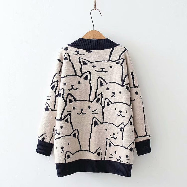 Damen Strickjacke mit Katzenmuster Drune