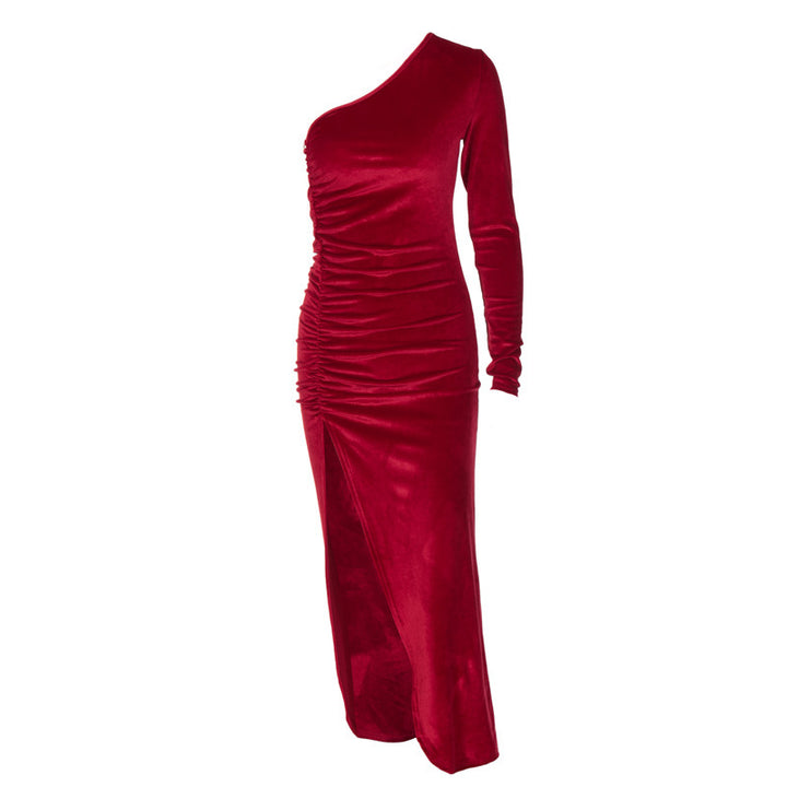 Damen stilvolles Ein-Schulter-Kleid mit Raffungen und Schlitz Drune