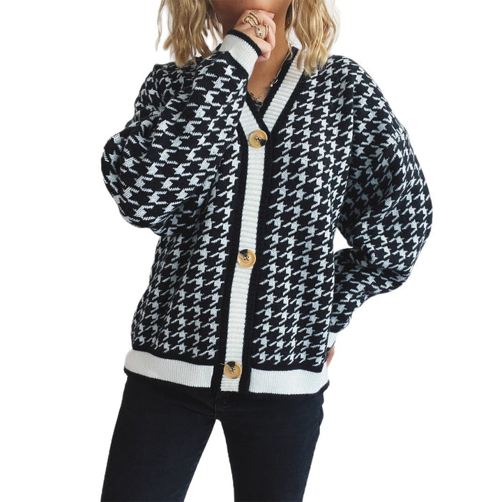 Damen lässiger Strickcardigan mit modischem Hahnentritt-Muster und Holzknöpfen Drune