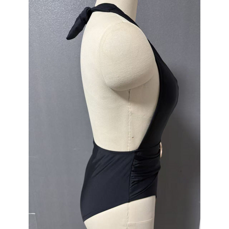 Damen Einteiler Badeanzug mit tiefem V-Ausschnitt und eleganter Gürtel-Applikation Drune