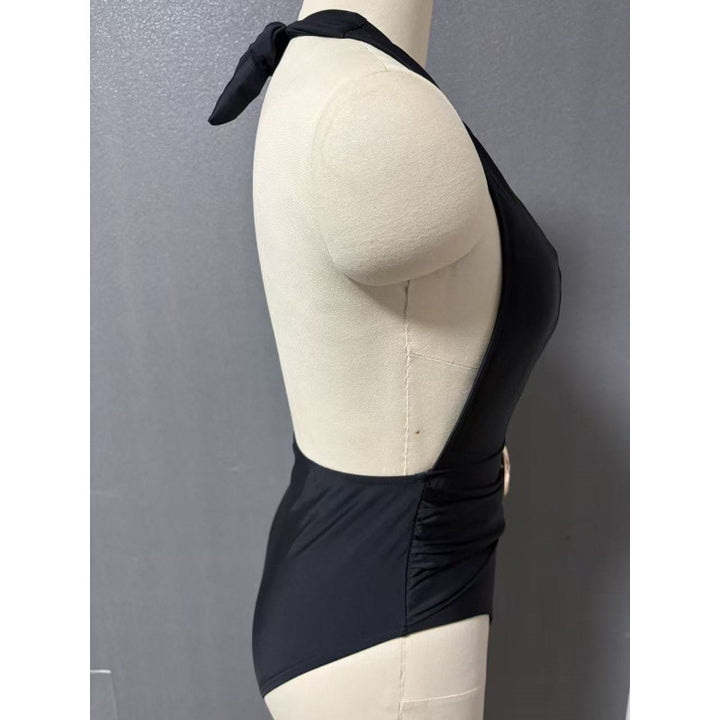 Damen Einteiler Badeanzug mit tiefem V-Ausschnitt und eleganter Gürtel-Applikation Drune