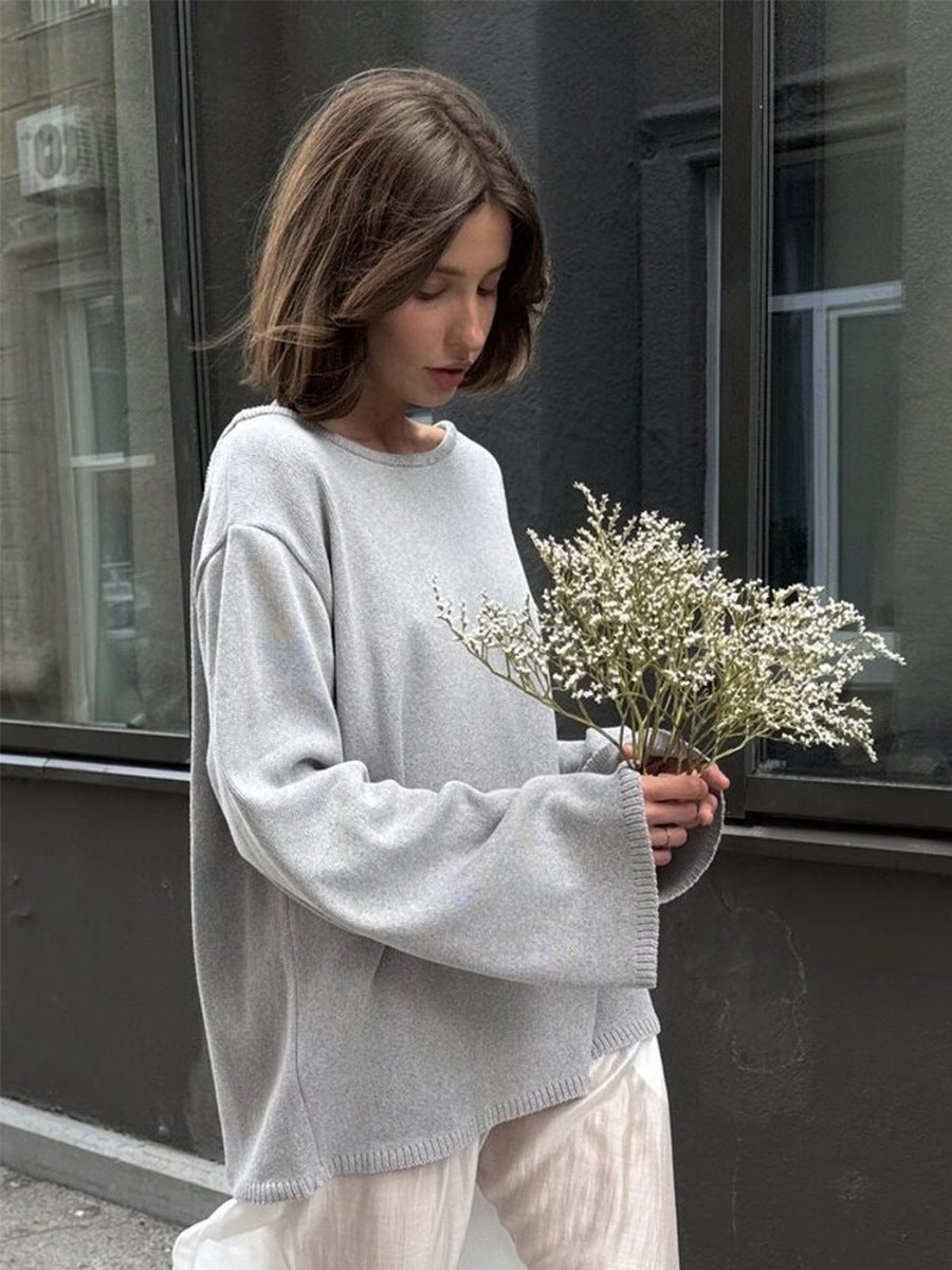 Damen Relaxed Fit Pullover mit tiefem Rundhalsausschnitt und weiten Ärmeln Drune
