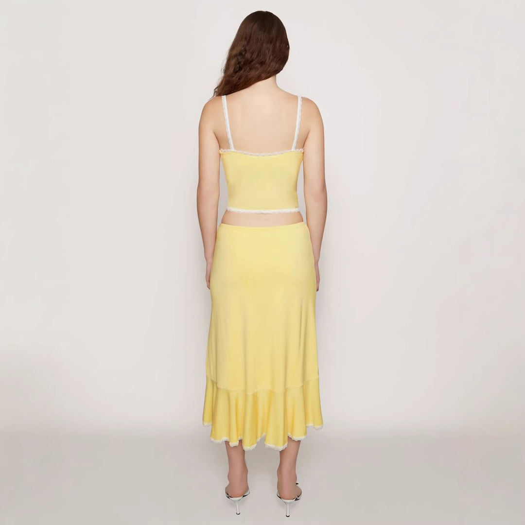 Damen Set aus Crop-Top und schwingendem Rock mit Spitzenakzenten Drune