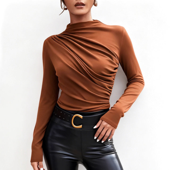 Damen elegantes Langarmshirt mit luxuriösem Drapierungsdesign und schickem Stehkragen Drune