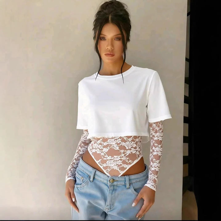 Damen Bodyshirt mit transparenten Spitzenärmeln und lässigem Schnitt Drune