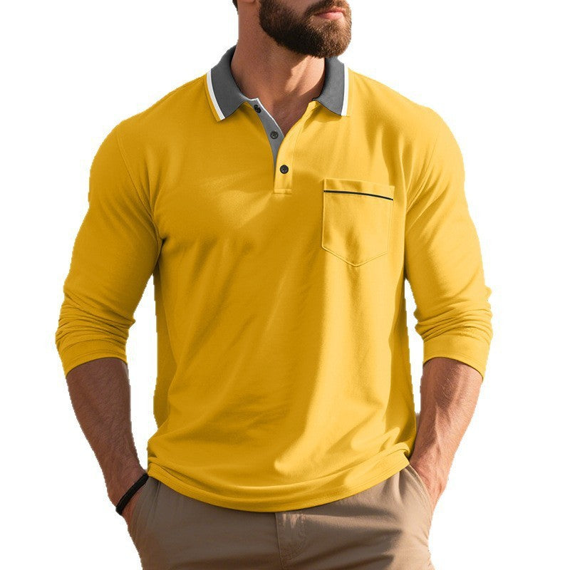 Herren nan langärmeliges Polohemd mit Kontrastkragen, Brusttasche und feinem Baumwollstretch Drune
