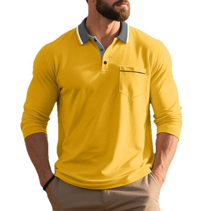 Herren nan langärmeliges Polohemd mit Kontrastkragen, Brusttasche und feinem Baumwollstretch Drune