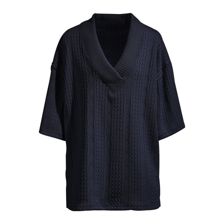 Damen nan Kurzarm-Strickpullover im weiten Schnitt mit tiefem V-Kragen und Zopfmuster Drune