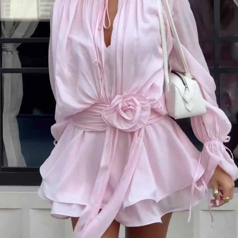 Damen Minikleid mit voluminösen Ärmeln und charmantem Taillengürtel Drune