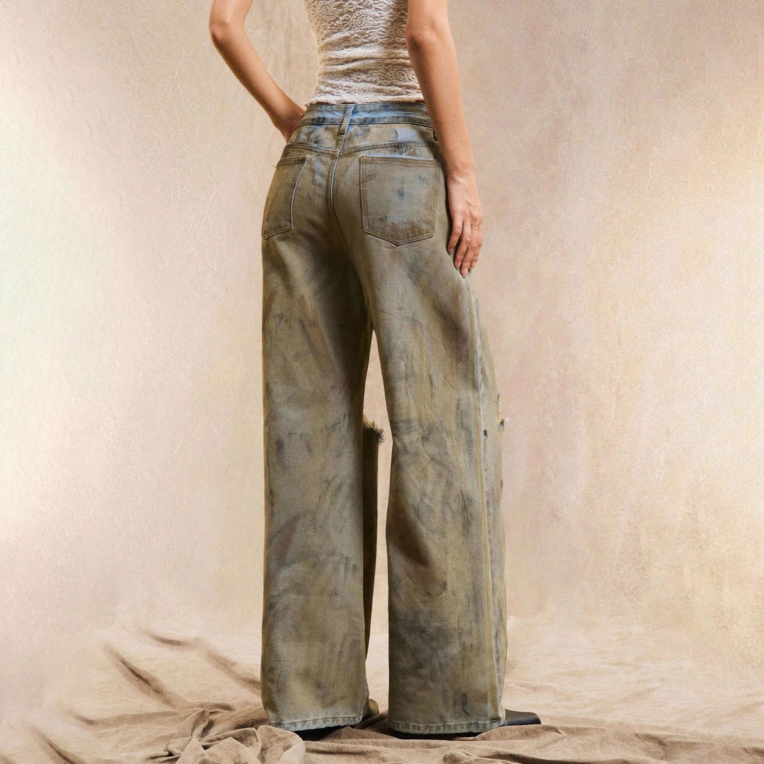 Damen Weit geschnittene Jeanshose mit distressed Details Drune