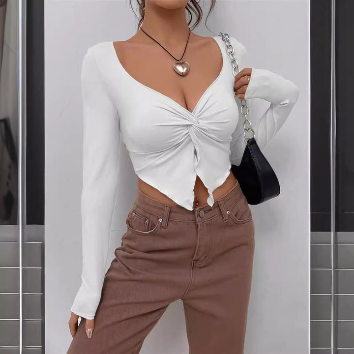 Damen figurbetontes Langarmshirt mit trendy Knotendetail Drune