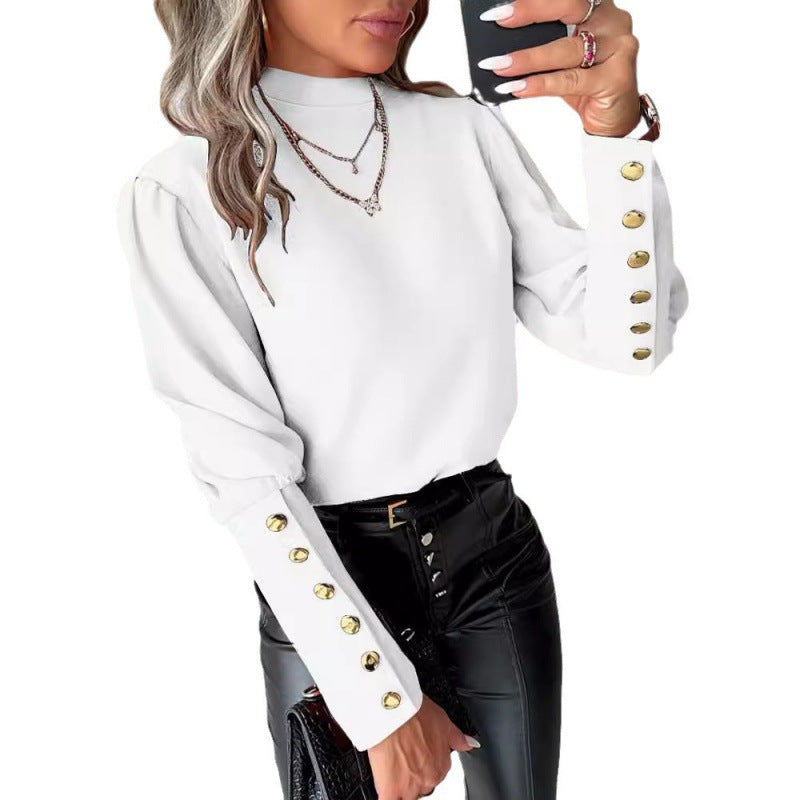 Damen elegante Bluse mit Puffärmeln und goldenen Knopfdetails Drune