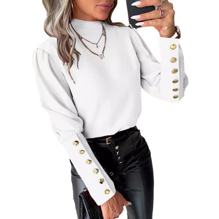 Damen elegante Bluse mit Puffärmeln und goldenen Knopfdetails Drune
