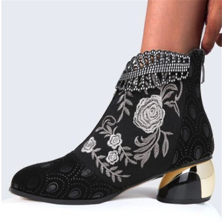 Damen Stiefeletten mit floralem Muster und glanzvollem Blockabsatz Drune