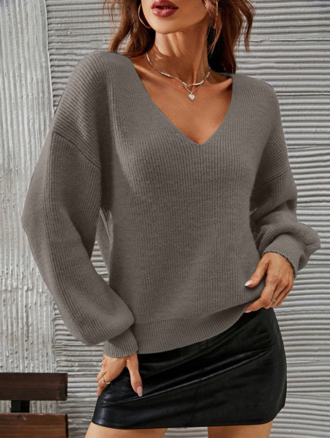 Damen V-Ausschnitt Pullover mit lässiger Passform und modischen Ballonärmeln Drune