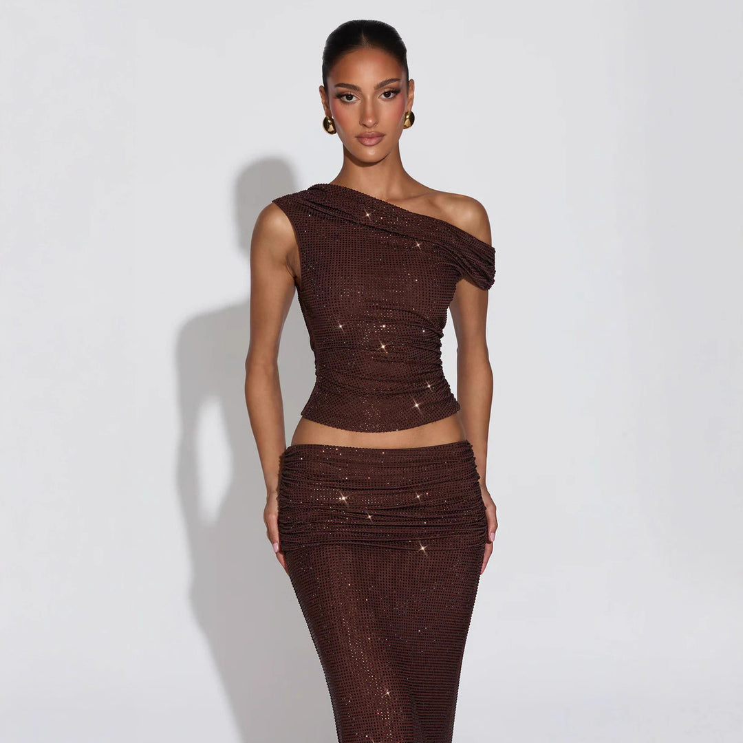 Damen Glänzendes Oberteil mit asymmetrischem Schnitt und glamourösen Strassdetails Drune
