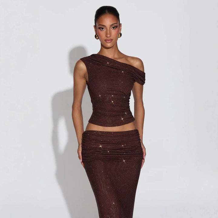 Damen Glänzendes Oberteil mit asymmetrischem Schnitt und glamourösen Strassdetails Drune