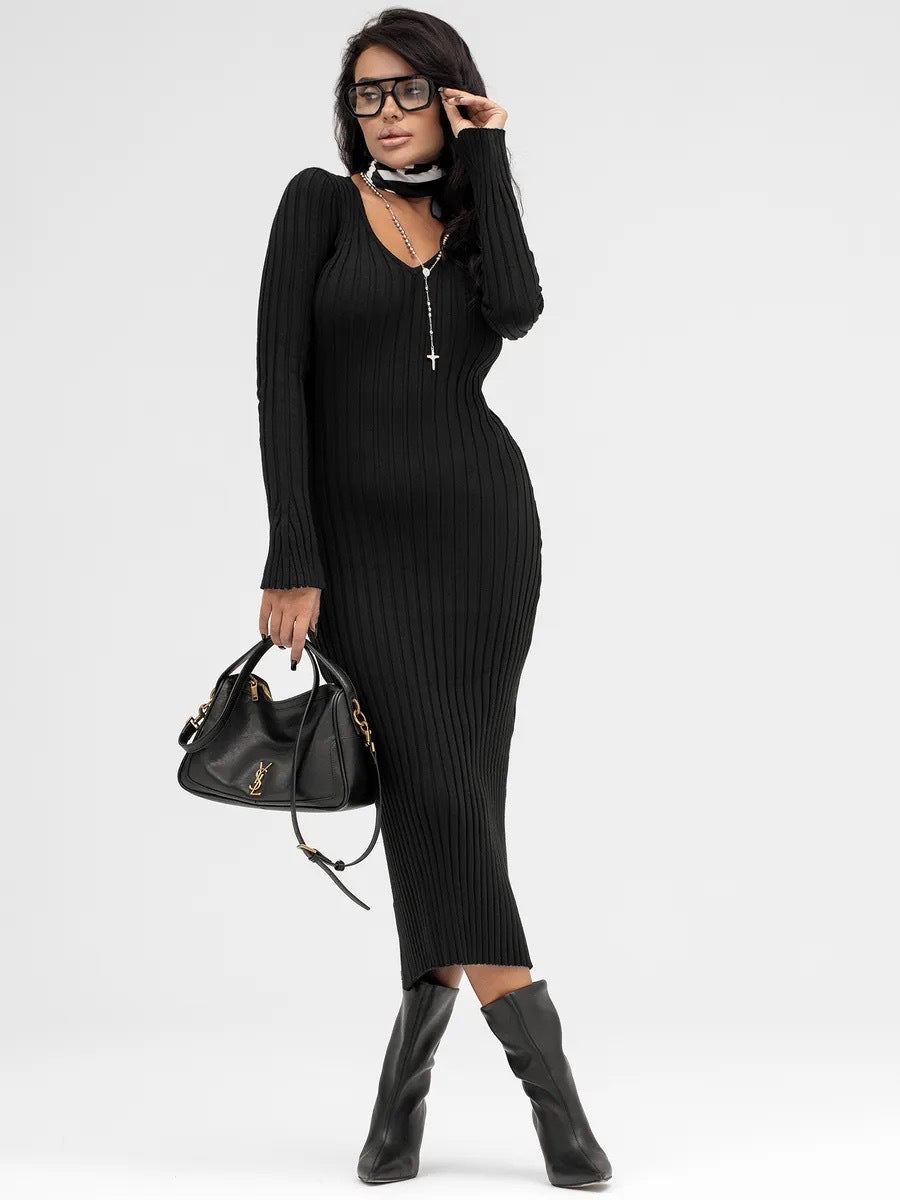 Damen Strickkleid mit tiefem V-Ausschnitt und eleganten Rippdetails Drune