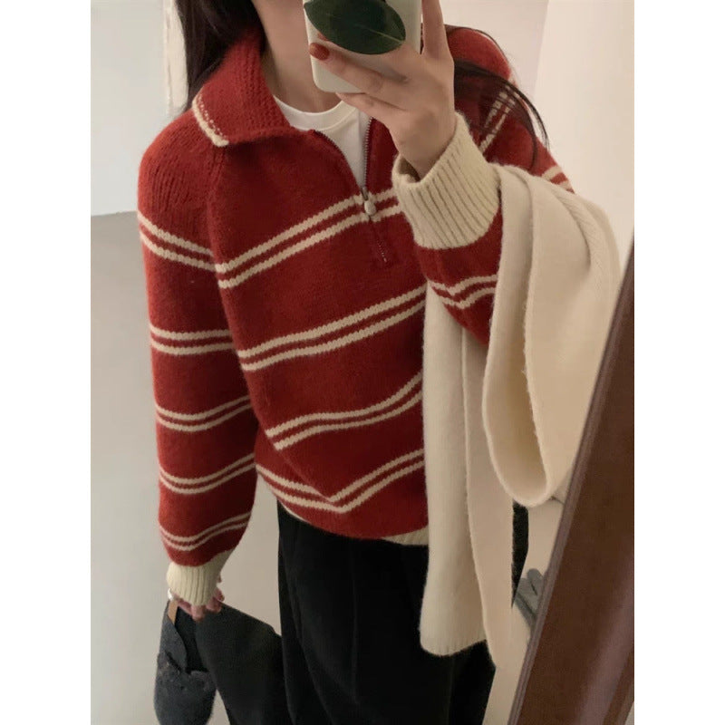 Damen Strickpullover mit Halbreißverschluss und gestreiftem Design Drune