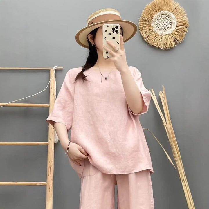 Damen Relaxed Fit Leinen Oversized Top Drune