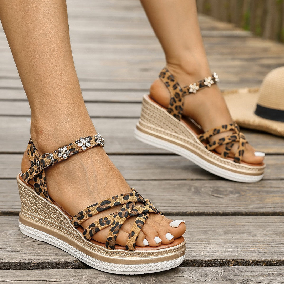 Damen Wedge-Sandalen mit dekorativen Riemen und modischem Leopardenmuster Drune