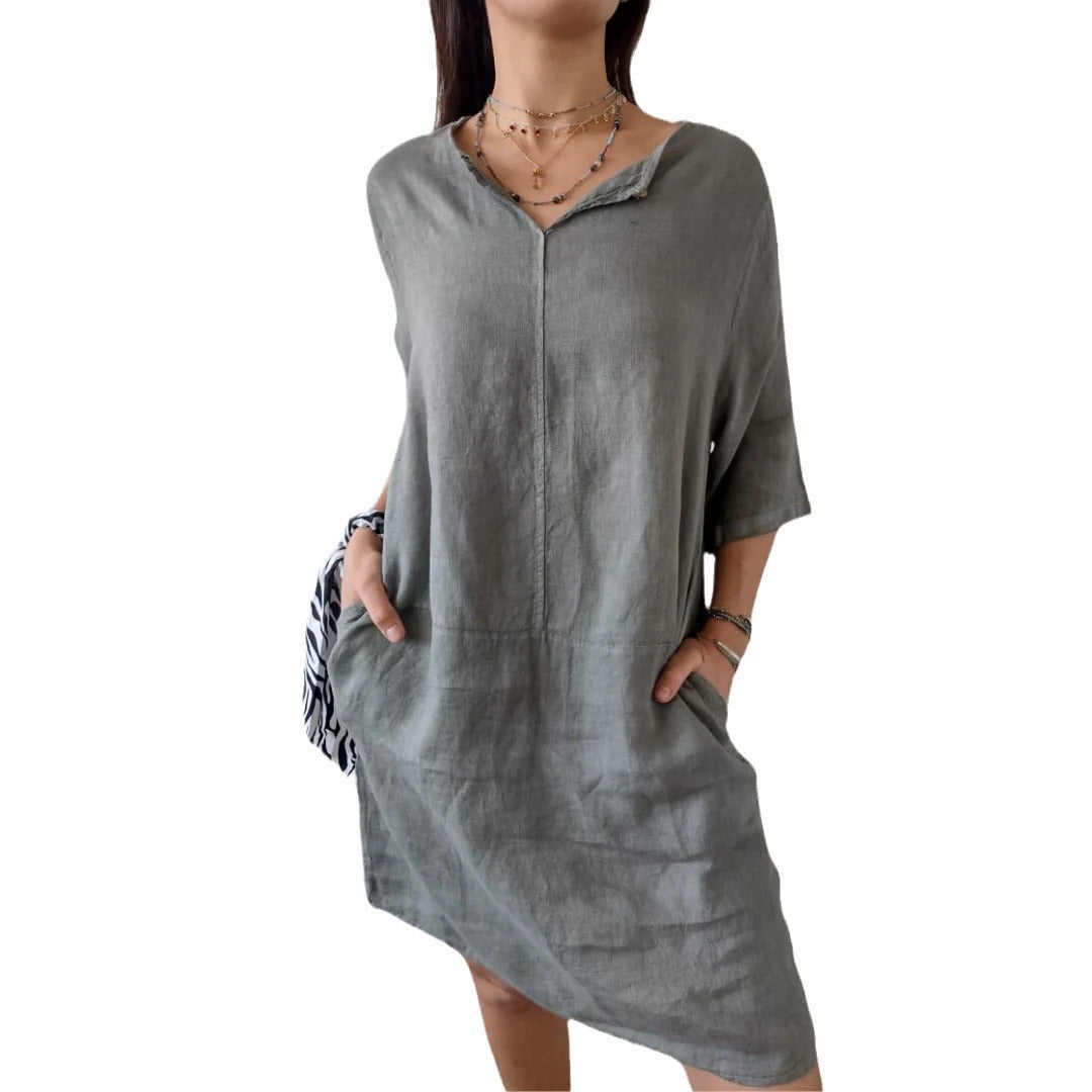 Damen Leichtes Leinenkleid mit vorderem Knopfdetail und seitlichen Taschen Drune