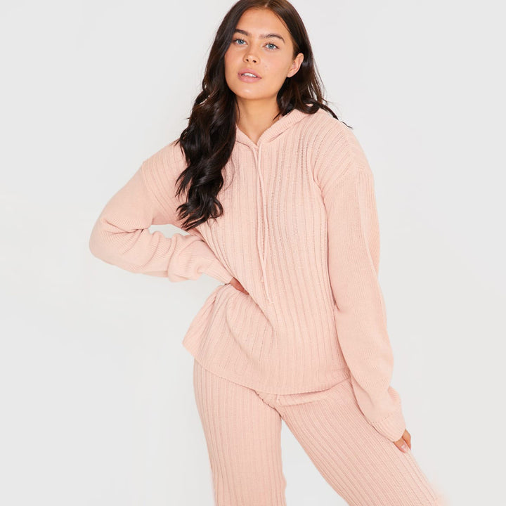Damen kuscheliges Strick-Loungewear-Set mit Kapuze Drune