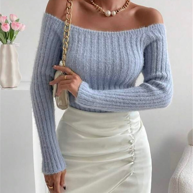 Damen Off-Shoulder Strickpullover mit feiner Rippstruktur und langen Ärmeln Drune