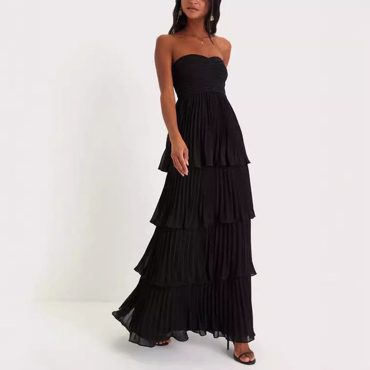 Damen Festliches Maxikleid mit schichtweisem Faltenrock und herzförmigem Ausschnitt Drune