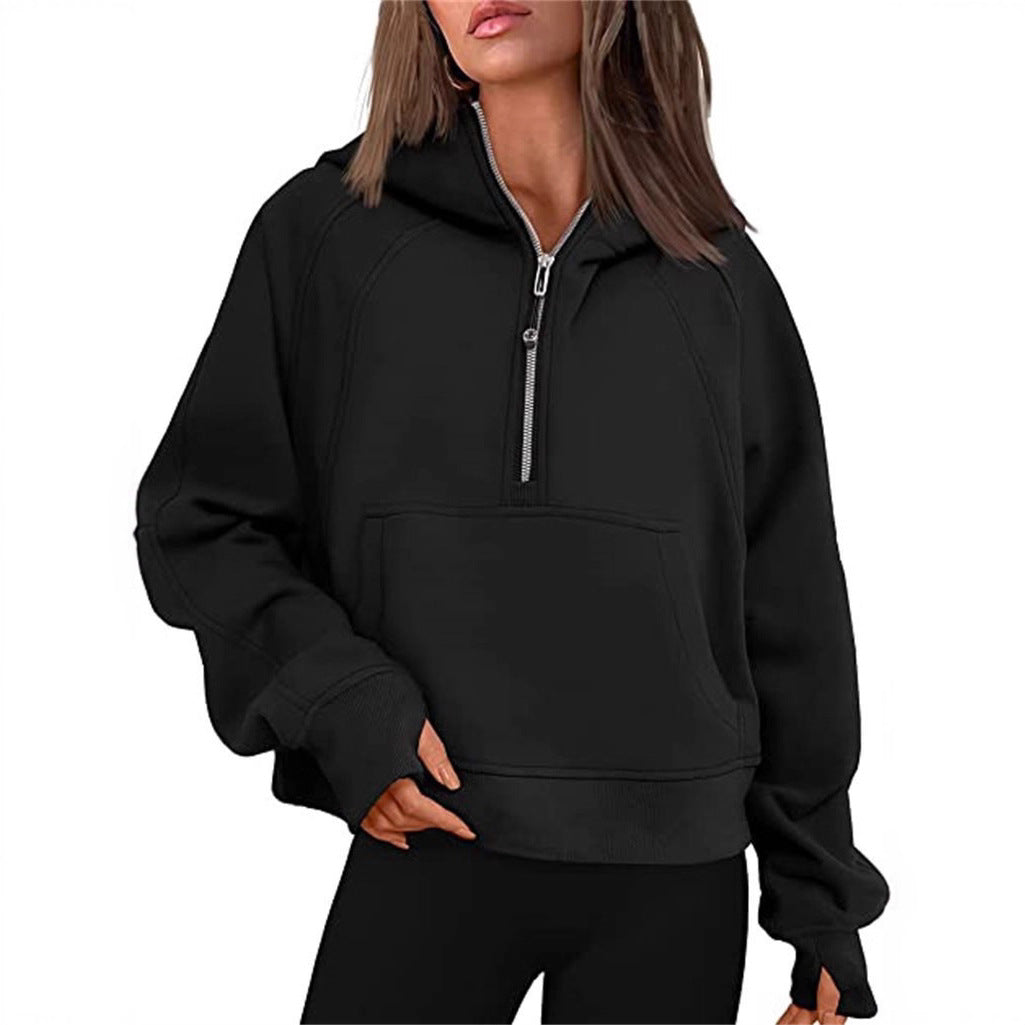 Damen Kapuzenpullover mit halbem Reißverschluss und praktischer Kängurutasche Drune