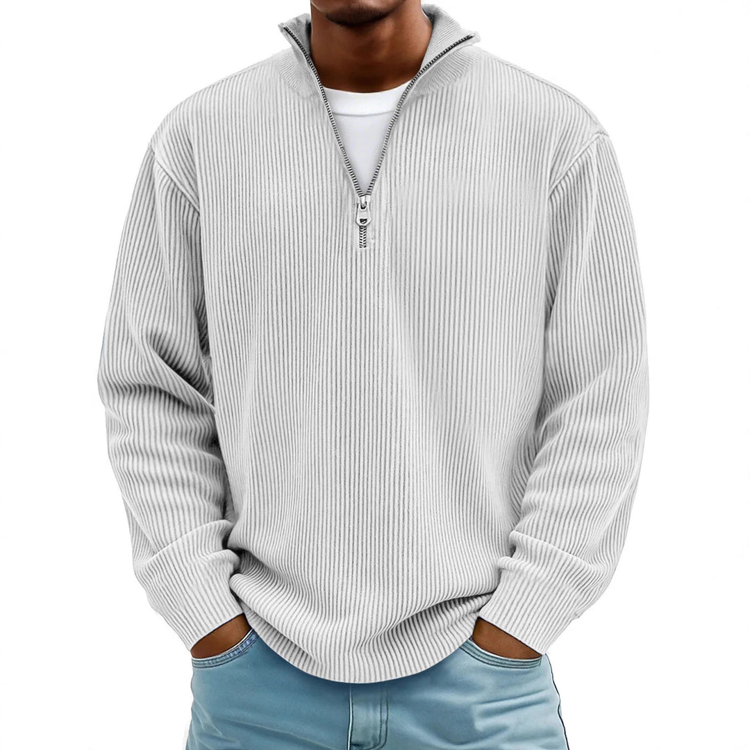 Herren nan gerippter Strickpullover mit halbem Reißverschluss und Stehkragen Drune