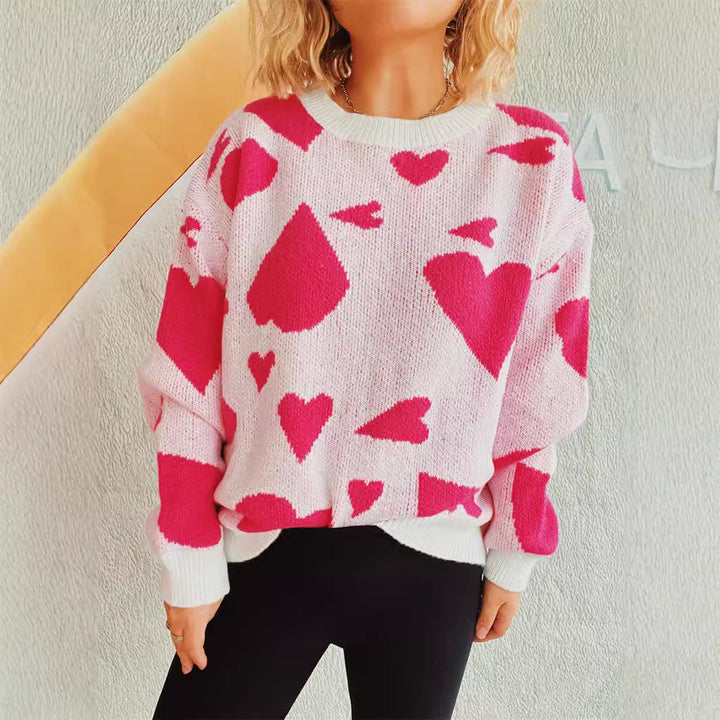 Damen lockerer Pullover mit Herzmuster und weitem Schnitt Drune