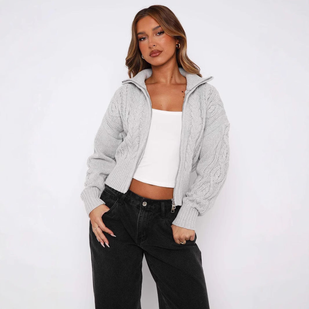 Damen modischer kurz geschnittener Strickcardigan mit Zopfmuster und Reißverschluss Drune
