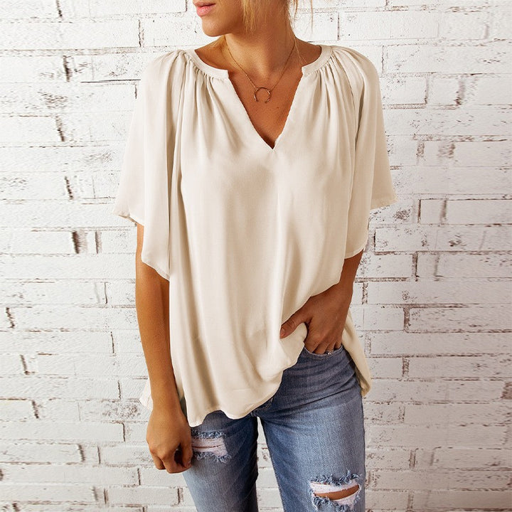 Damen luftige Bluse mit V-Ausschnitt und sanftem Faltenwurf Drune