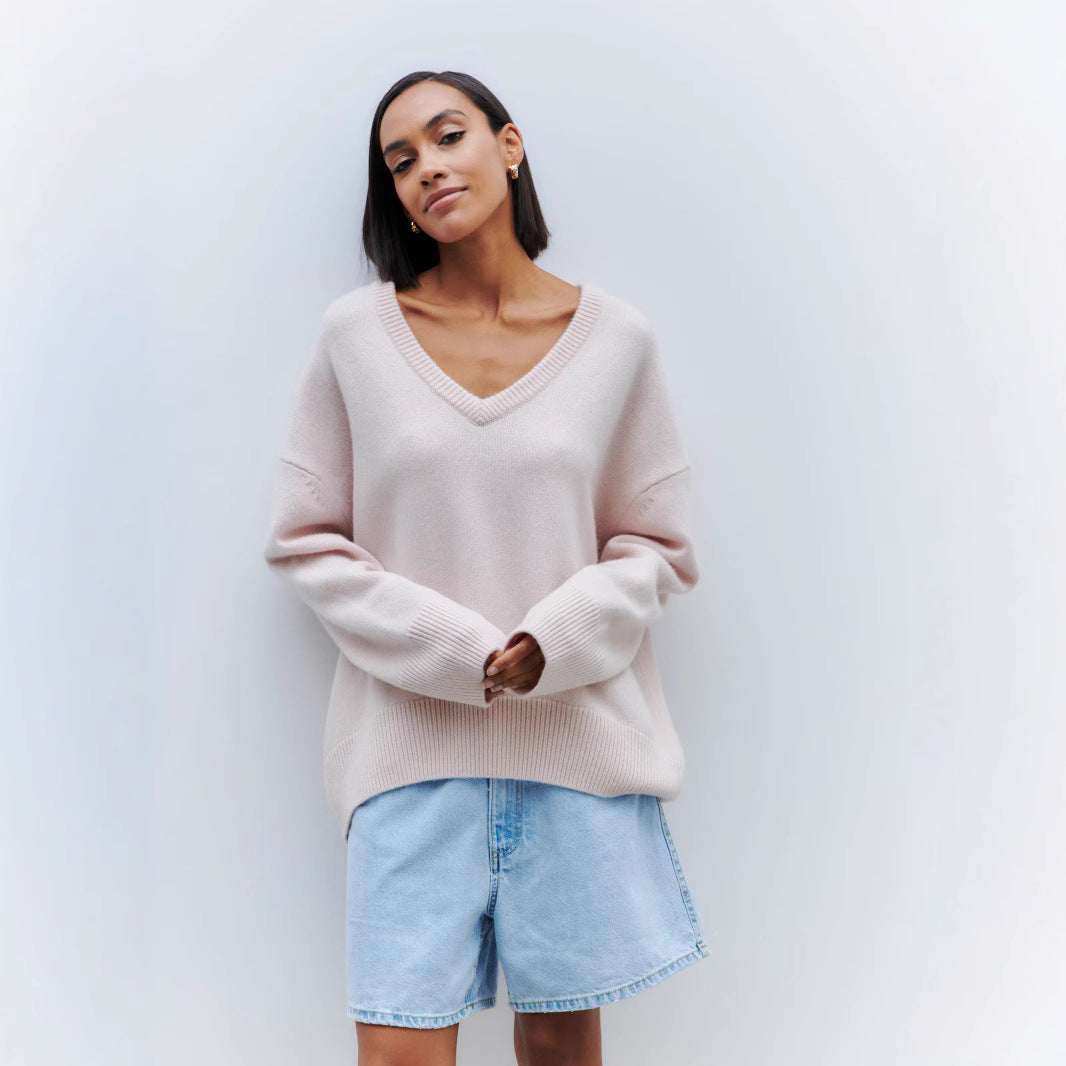 Damen Viskose-Pullover mit tiefem V-Ausschnitt und breiten Bündchen Drune