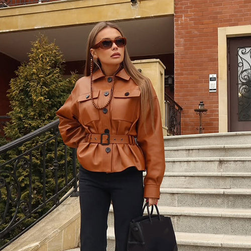 Damen modische Kunstlederjacke mit tailliertem Schnitt und Gürtel Drune