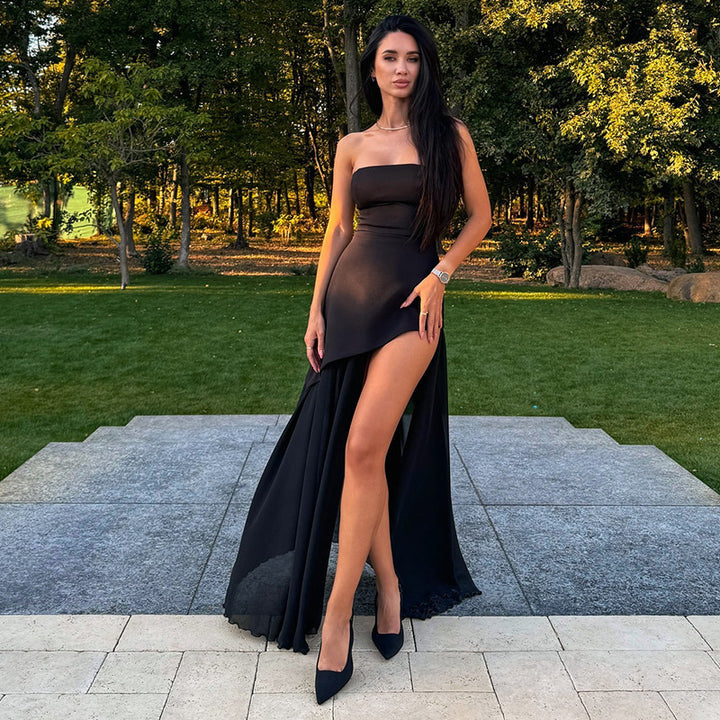 Damen Elegantes Maxikleid mit asymmetrischem Schnitt und verführerischem Schlitz Drune