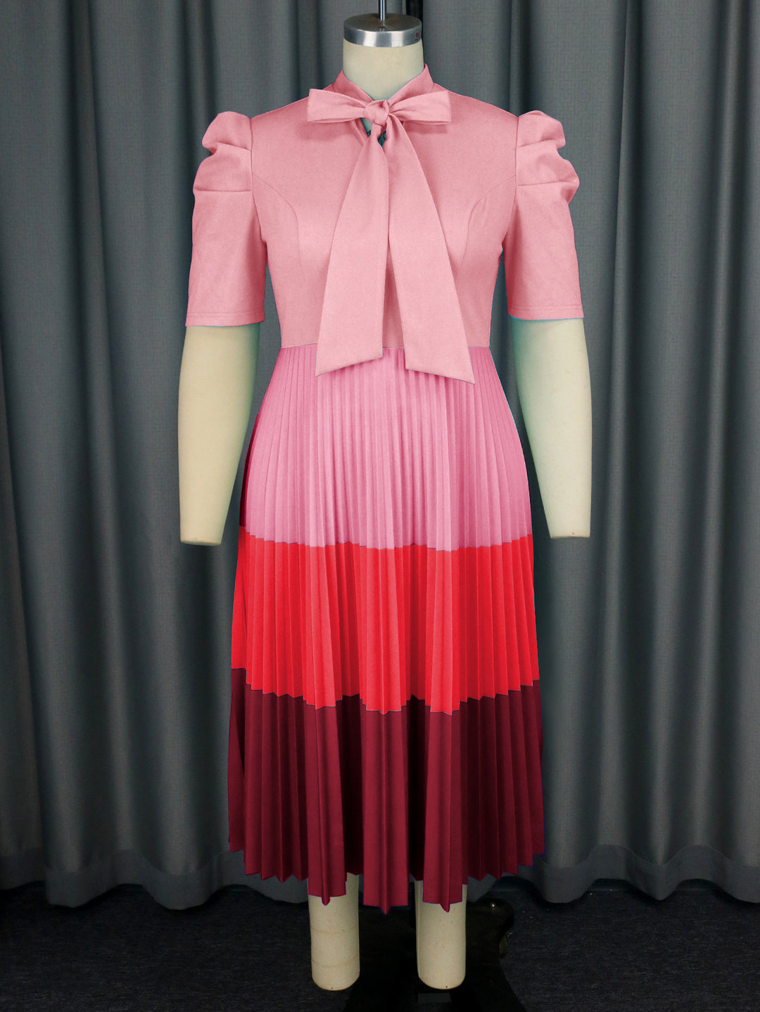 Damen Elegantes Plisseekleid mit Schleifenkragen Drune