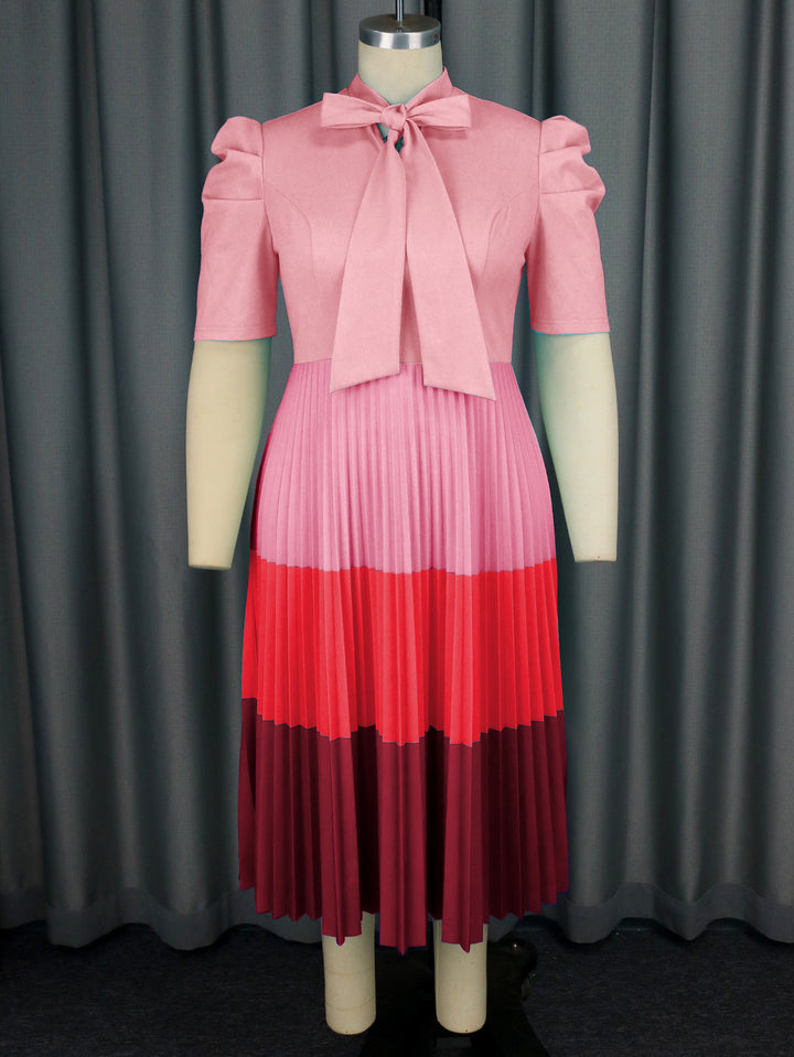 Damen Elegantes Plisseekleid mit Schleifenkragen Drune