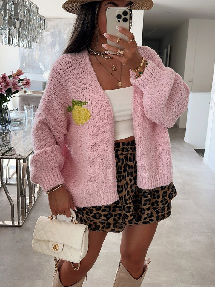 Damen lässige Strickjacke mit fröhlichem Obstdesign und oversized Passform Drune