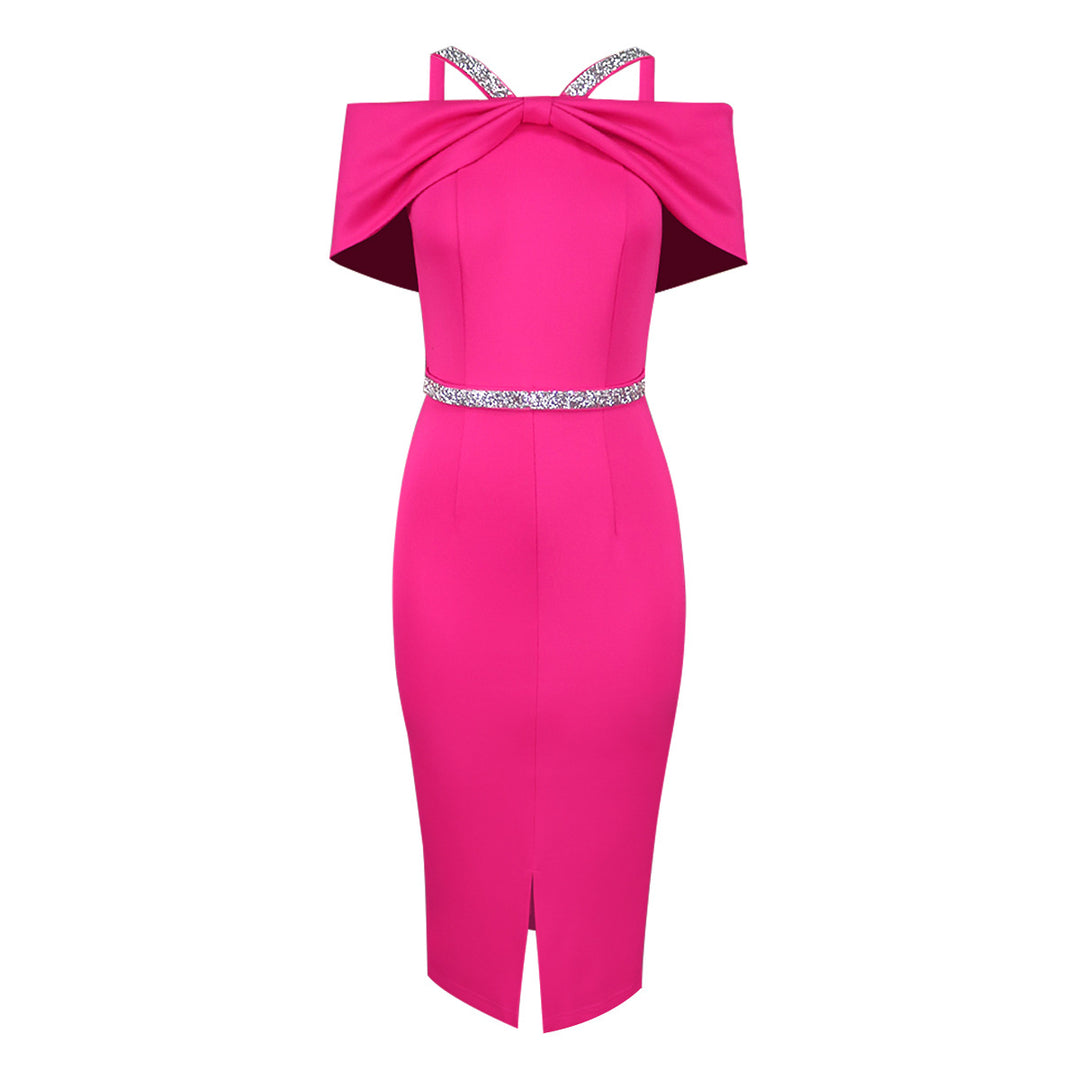 Damen elegantes schulterfreies Midi-Kleid mit funkelndem Taillengürtel Drune