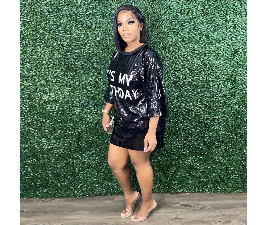 Damen Glitzerndes Partykleid mit kurzen Ärmeln und lässigem Schnitt Drune