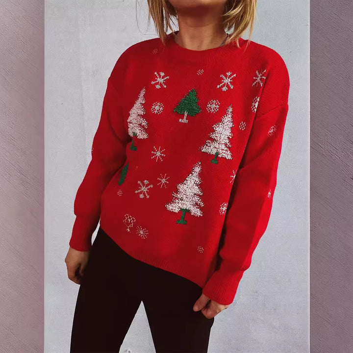 Damen weihnachtlicher Pullover mit festlichem Baumdesign und flauschigem Material Drune