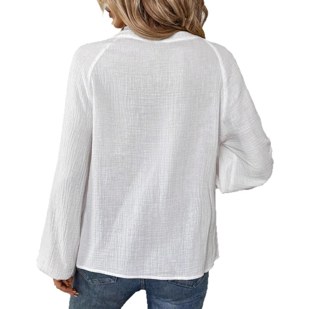 Damen nan bestickte Baumwoll-Gauze Tunika-Bluse mit ornamentaler V-Ausschnitt-Stickerei und Trompetenärmeln Drune