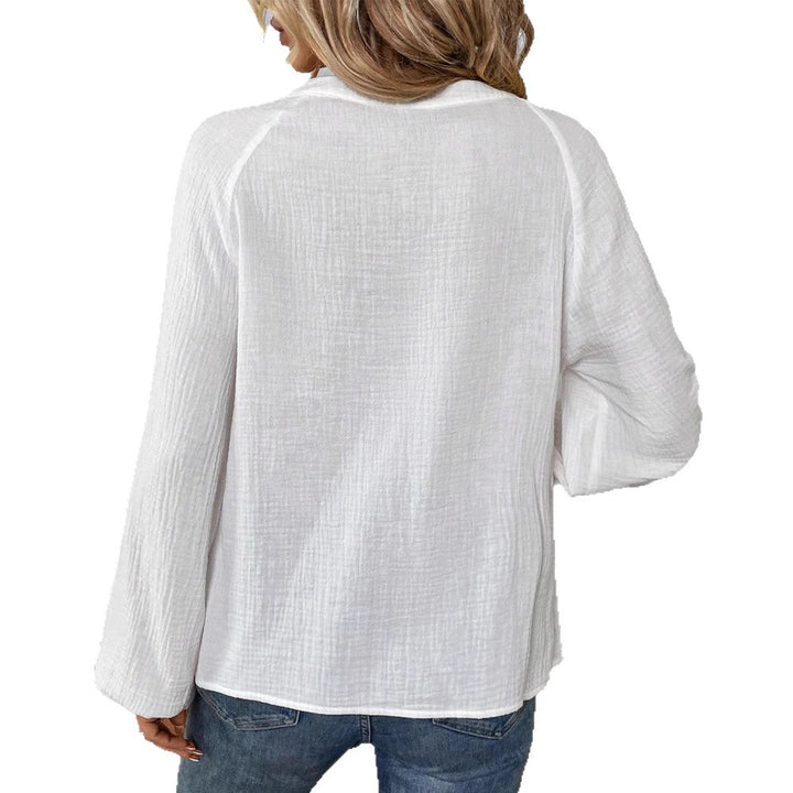 Damen nan bestickte Baumwoll-Gauze Tunika-Bluse mit ornamentaler V-Ausschnitt-Stickerei und Trompetenärmeln Drune