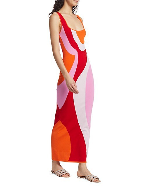 Damen langes figurbetontes Kleid mit quadratischem Ausschnitt und farbenfrohem Muster Drune